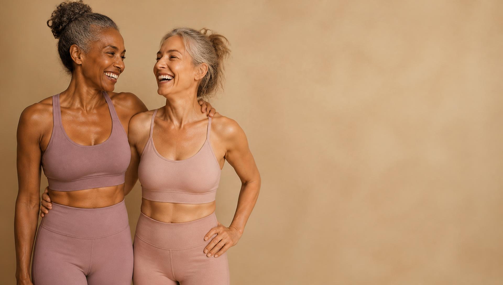 A confident woman stretching in athletic wear in a bright studio, lifestyle imagery