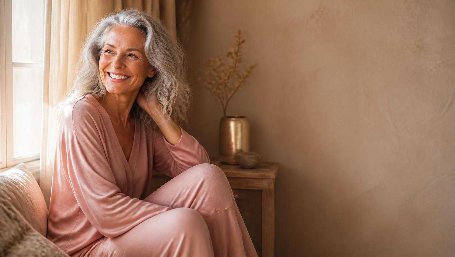 A woman in her forties with healthy glowing skin resting in soft natural light, lifestyle imagery