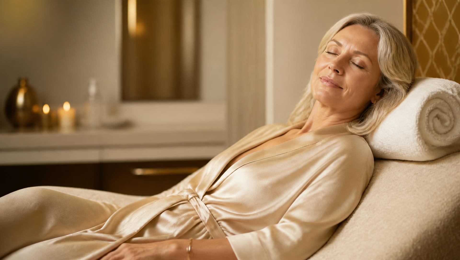 A relaxed healthy woman resting calmly in warm light, lifestyle imagery